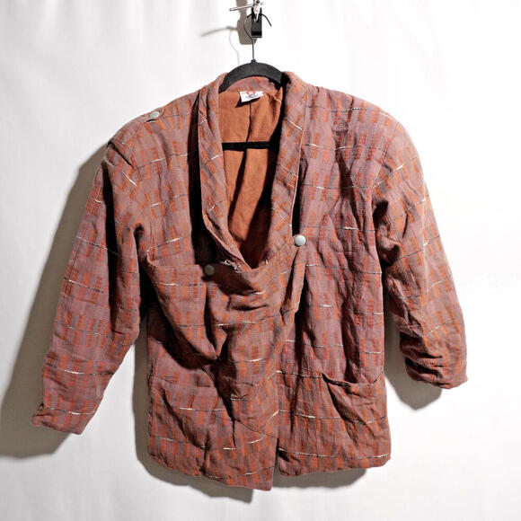 Vintage 80s French Designer Brown Blazer Jacket Plaid‎ Dramatic Academia Punk XL - Picture 1 of 11